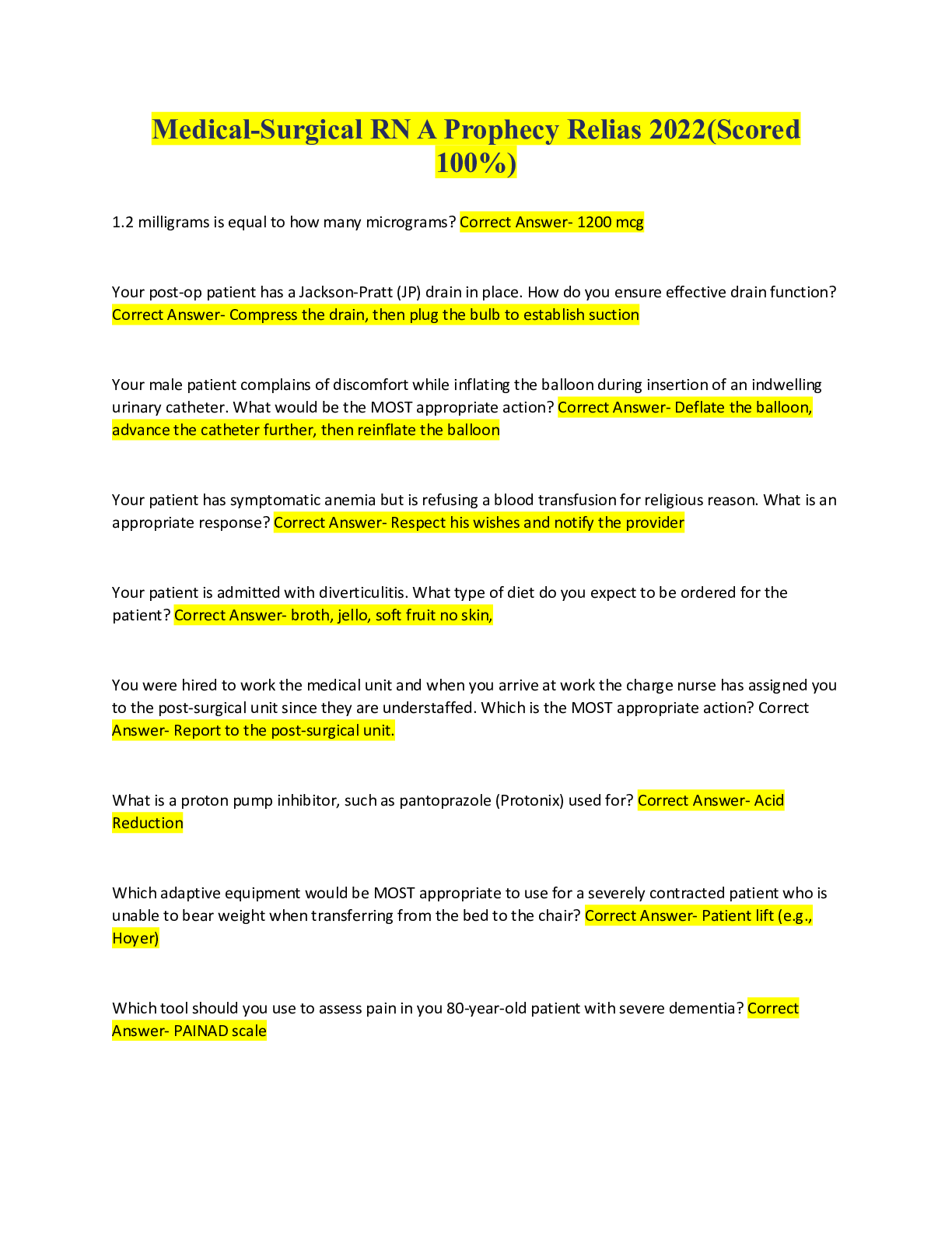 Preview of Medical-Surgical RN A Prophecy Relias 2022(Scored 100%)